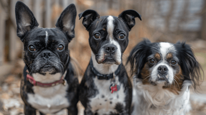 a Boston Terrier, a Pug, a Cavalier King Charles Spaniels