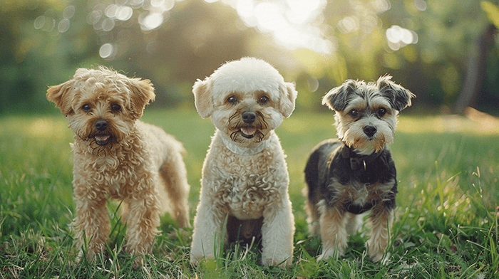 a Bichon Frise, a Poodle, a Border Terrier